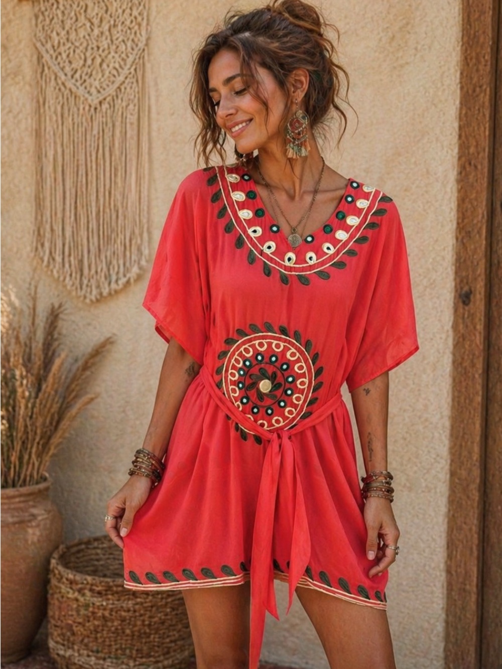 Coral Embroidered Silk Dress